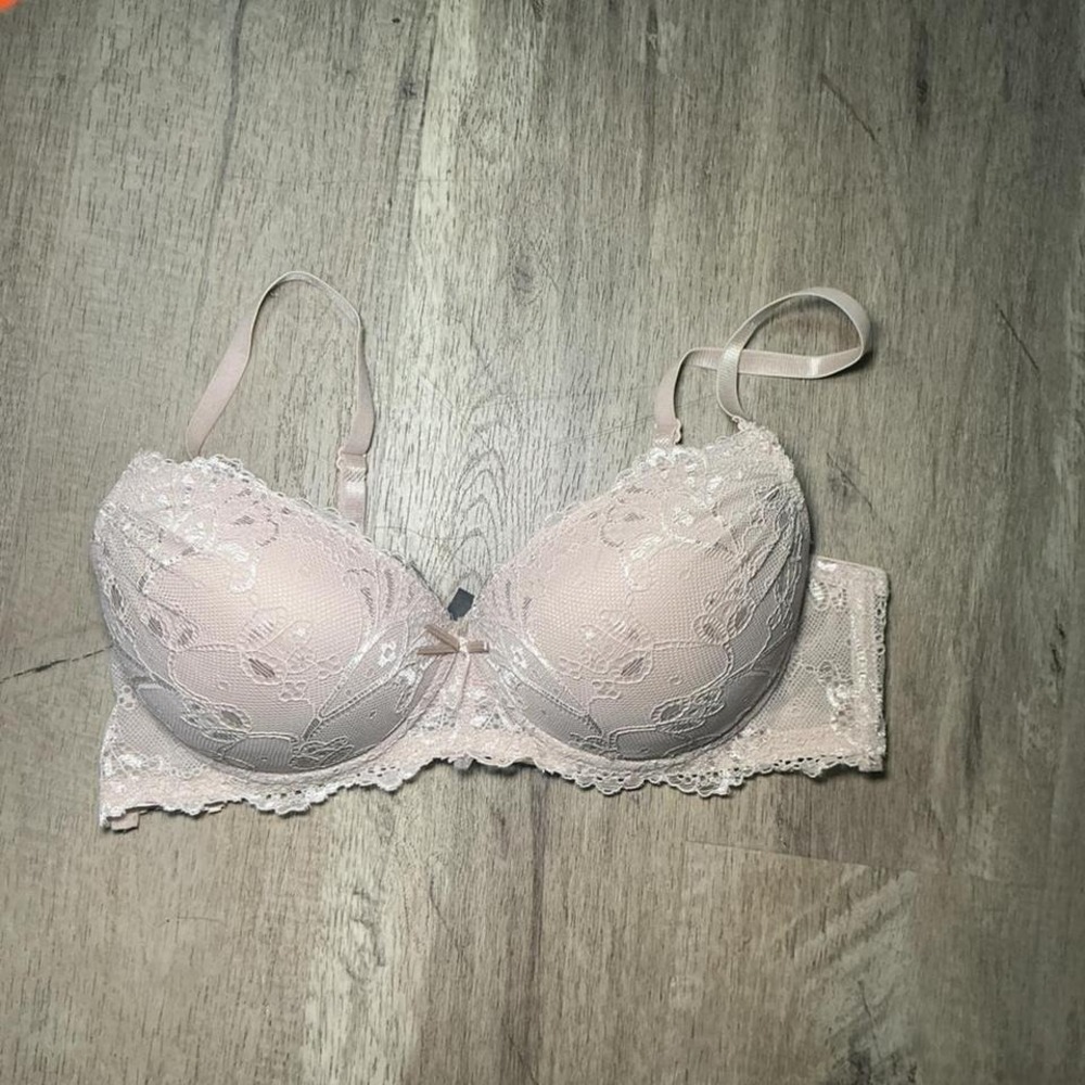 Pink lace balconette bra with bow detail, Size: 36C